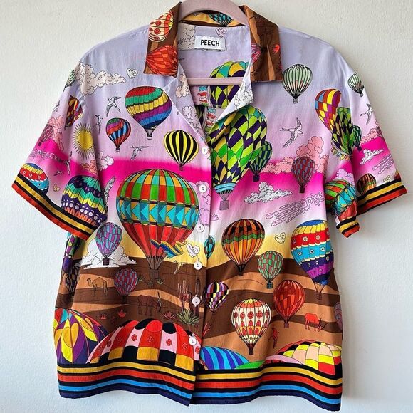 Peech Silk Colourful Hot Air Balloon Short sleeve Shirt - Picture 1 of 14